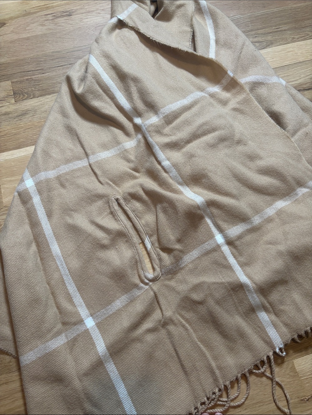 Beige Plaid Fringe Draped Open Cardigan Cape Poncho with Armholes OS - Picture 5 of 7